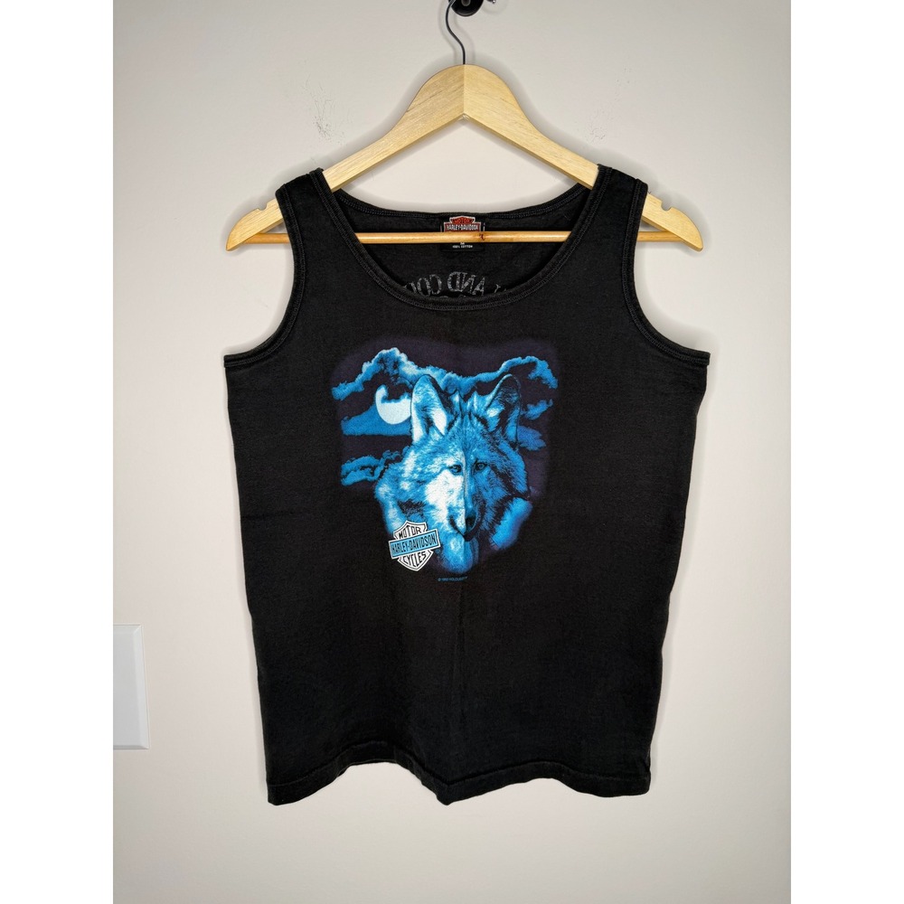 Vintage 90s 1993 Harley Davidson Wolf Tank Top Holoubek Black Mens Medium USA
